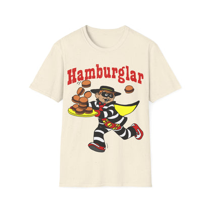 Beige t-shirt with cartoon character and 'Hamburglar' text on a white background