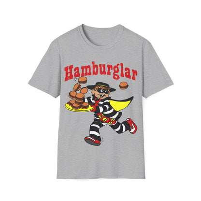 Gray t-shirt with 'Hamburglar' graphic design featuring a cartoon character holding hamburgers on a white background.
