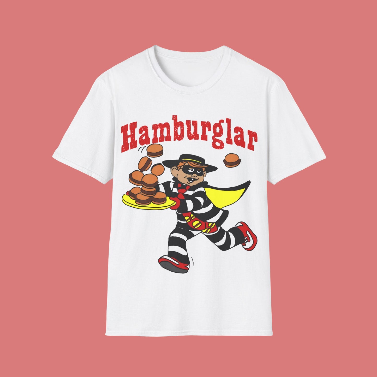 White t-shirt with cartoon burglar holding hamburgers and 'Hamburglar' text on a white background
