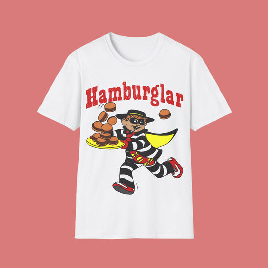 White t-shirt with cartoon burglar holding hamburgers and 'Hamburglar' text on a white background