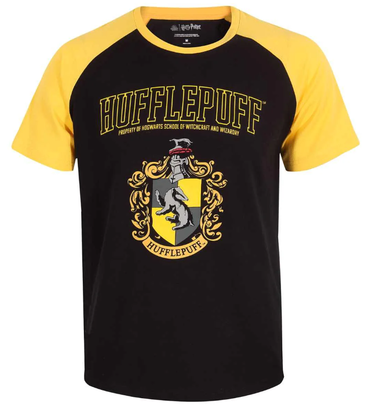 Harry Potter Black and yellow Hufflepuff t-shirt with crest design on a white background