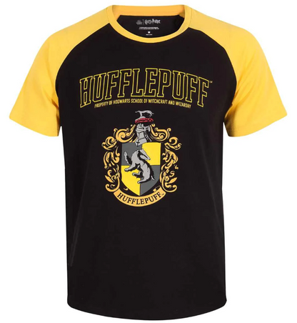 Harry Potter Black and yellow Hufflepuff t-shirt with crest design on a white background