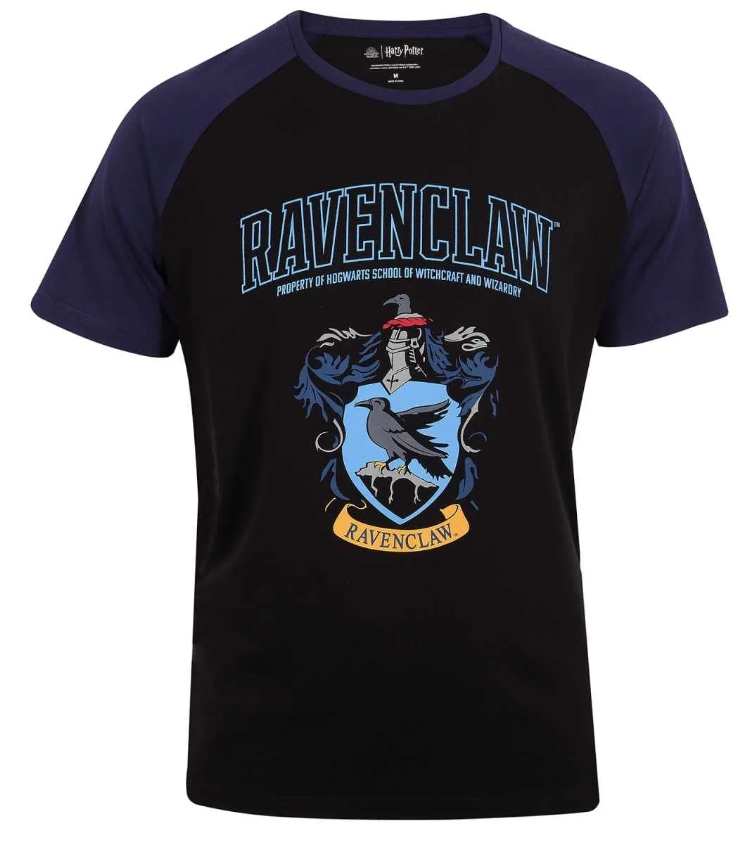 Harry Potter Black t-shirt with Ravenclaw logo and text on a white background