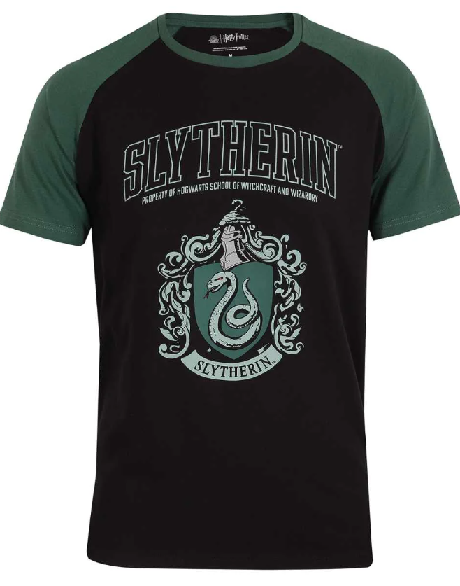 Black t-shirt with green short raglan sleeves featuring the Harry Potter Slytherin crest and text on a white background