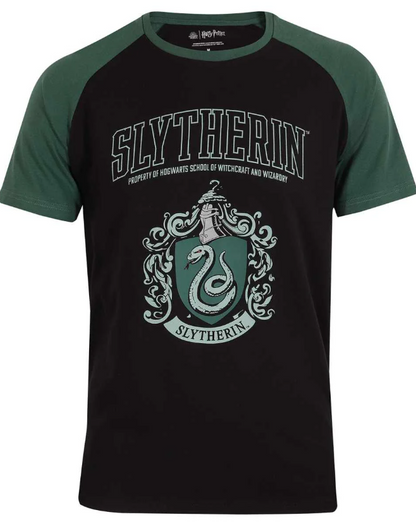 Black t-shirt with green short raglan sleeves featuring the Harry Potter Slytherin crest and text on a white background