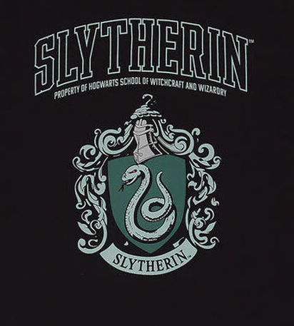 Black t-shirt with green sleeves featuring the Harry Potter Slytherin crest and text on a white background