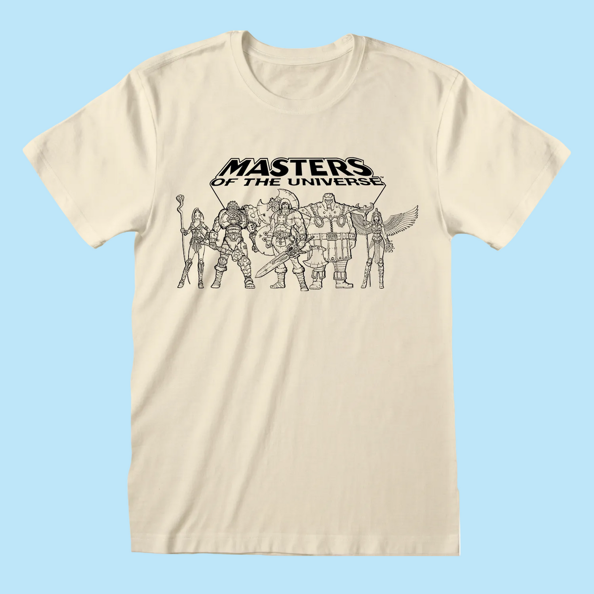 A cream-colored short-sleeve t-shirt with a black line art graphic of 'Masters of the Universe' characters and logo on the chest, displayed against a solid white background.