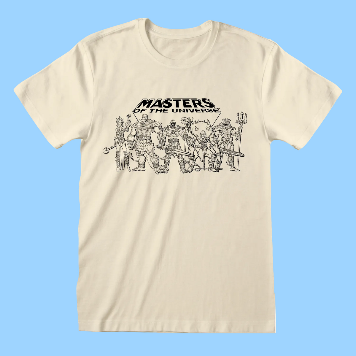 A cream-colored short-sleeve t-shirt with a black line art graphic of various cartoon characters under the text 'MASTERS OF THE UNIVERSES' on the chest