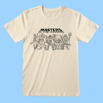 A cream-colored short-sleeve t-shirt with a black line art graphic of various cartoon characters under the text 'MASTERS OF THE UNIVERSES' on the chest