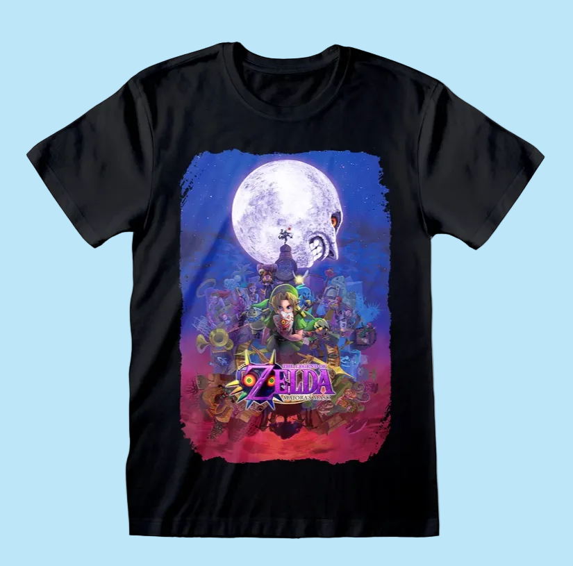 A black short-sleeve crewneck t-shirt featuring a large, colorful graphic print on the front. The graphic depicts a fantasy scene with a large moon, a character resembling Link from The Legend of Zelda, and the text 'The Legend of Zelda' at the bottom.