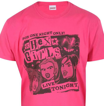 Bold pink short sleeve t-shirt featuring Scooby Doo Hex Girls For one night only graphics
