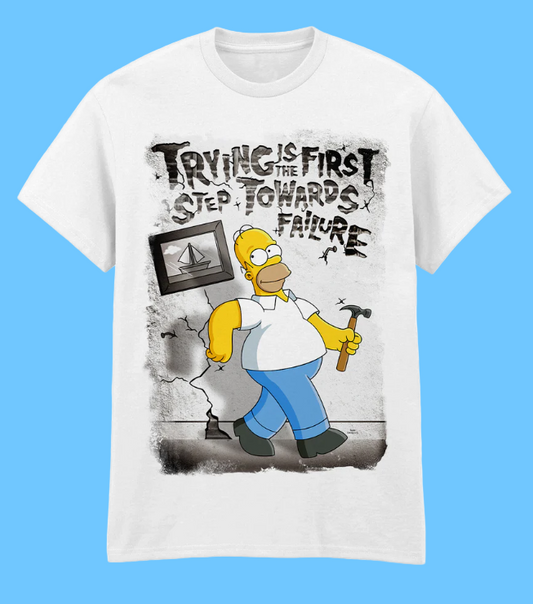 White t-shirt with a graphic of a character from 'The Simpsons' holding a hammer and text on a white background