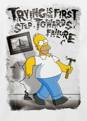 Cartoon character holding a hammer with text about trying and failure