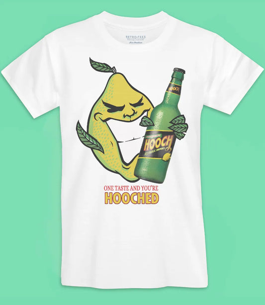 mens unisex white short sleeve t shirt featuring retro 90s Hooch party lemon one taste and you're hooched design