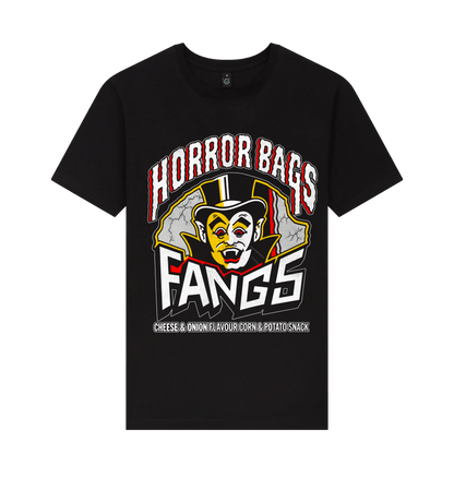 A black short-sleeve graphic t-shirt featuring a large cartoon vampire face and the text 'HORROR BAGS FANGS' with smaller text 'CHEESE & ONION FLAVOUR CORN & POTATO SNACK'.