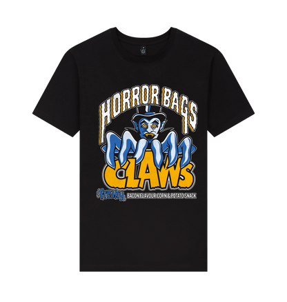 A black short-sleeve crewneck t-shirt featuring a large graphic print on the front. The graphic displays a blue cartoon character wearing a top hat and sunglasses, with the words 'HORROR BAGS' in arched white letters with a black outline above, and 'CLAWS' in bold yellow letters below.