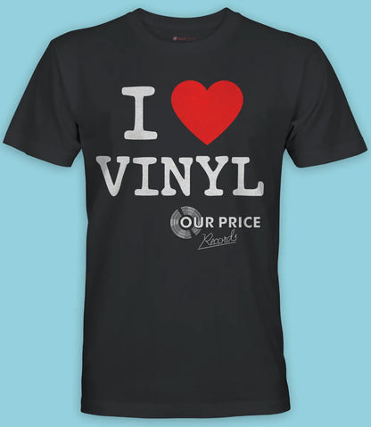 black short sleeve t shirt laying on clear backdrop featuring retro style I Heart Vinyl text in black and heart in red with our price records logo below