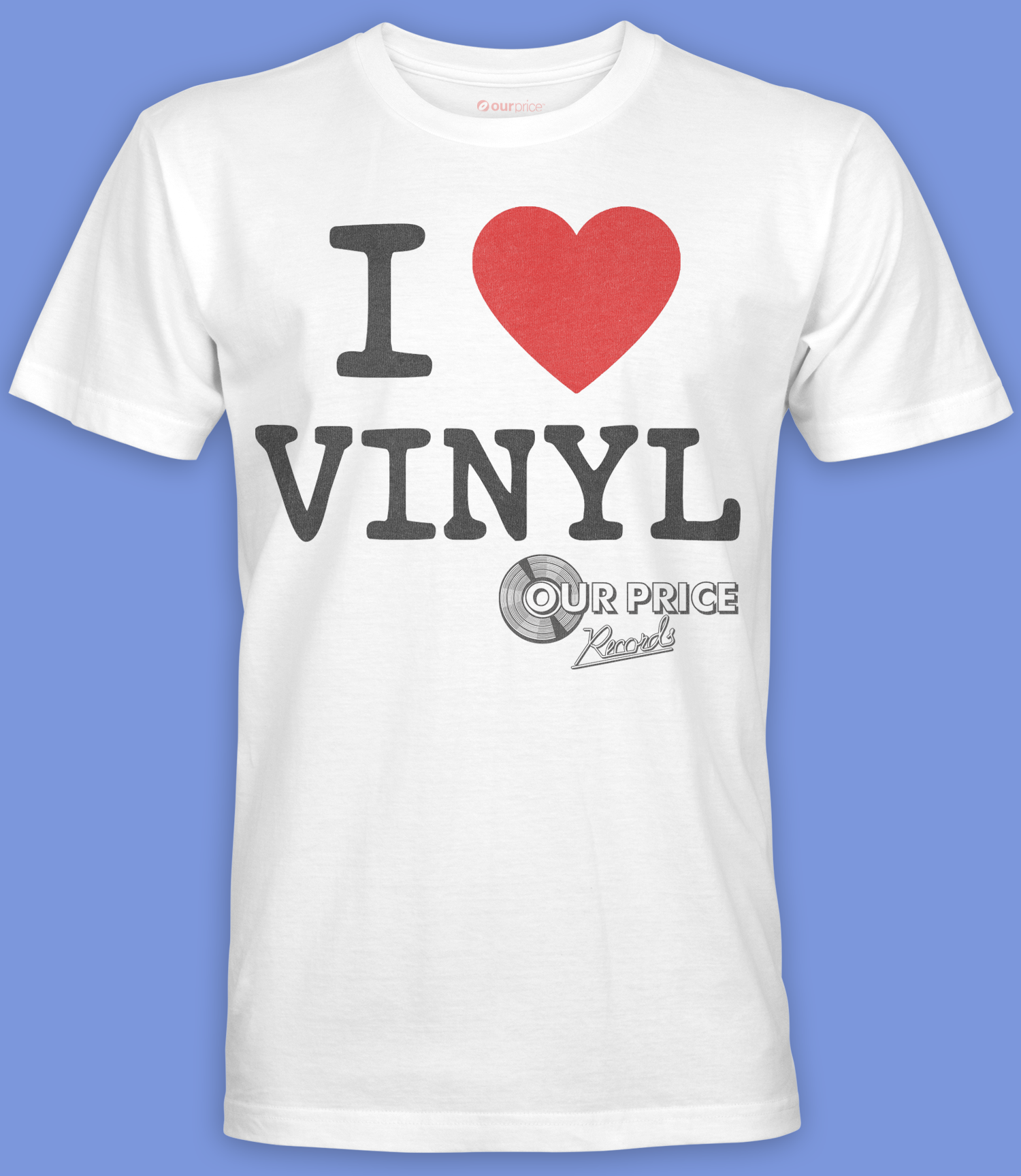 white short sleeve t shirt laying on clear backdrop featuring retro style I Heart Vinyl text in black and heart in red with our price records logo below