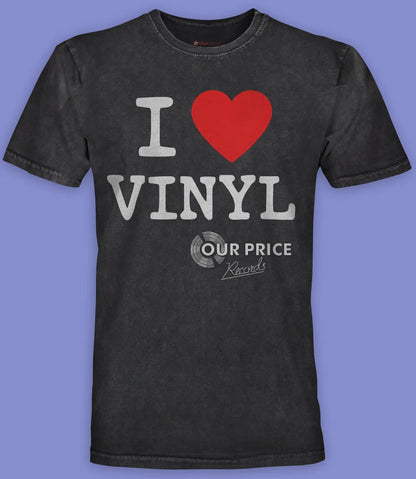 Vintage washed black short sleeve t shirt laying on clear backdrop featuring retro style I Heart Vinyl text in black and heart in red with our price records logo below