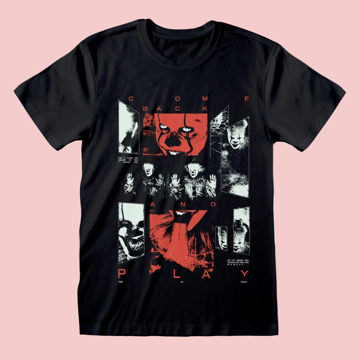 Black t-shirt with IT movie graphic design featuring text and images