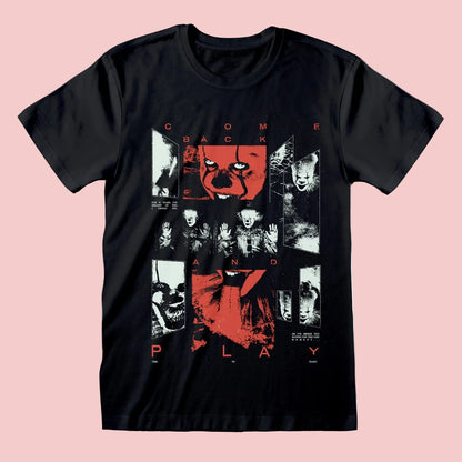 Black t-shirt with IT movie graphic design featuring text and images