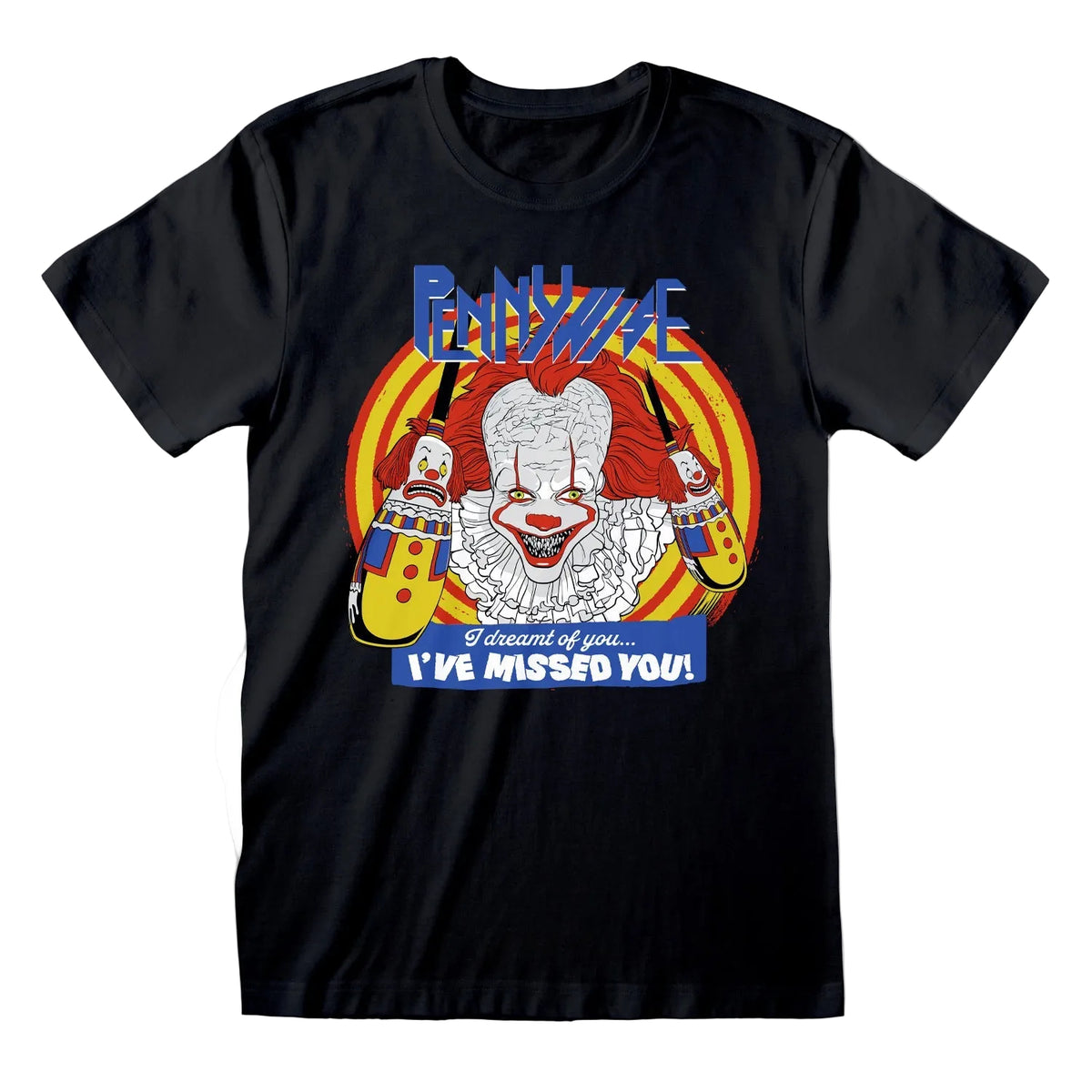 Black t-shirt with a graphic of Pennywise IT movie clown and text 