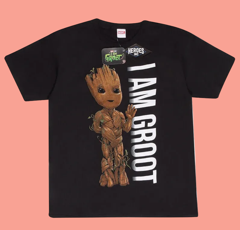 A black short-sleeve graphic T-shirt featuring a large print of Baby Groot from Marvel's The Avengers / Guardians of the Galaxy. The graphic includes a brown Groot character on the left and bold white vertical text reading 'I AM GROOT' on the right.