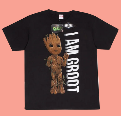 A black short-sleeve graphic T-shirt featuring a large print of Baby Groot from Marvel's The Avengers / Guardians of the Galaxy. The graphic includes a brown Groot character on the left and bold white vertical text reading 'I AM GROOT' on the right.