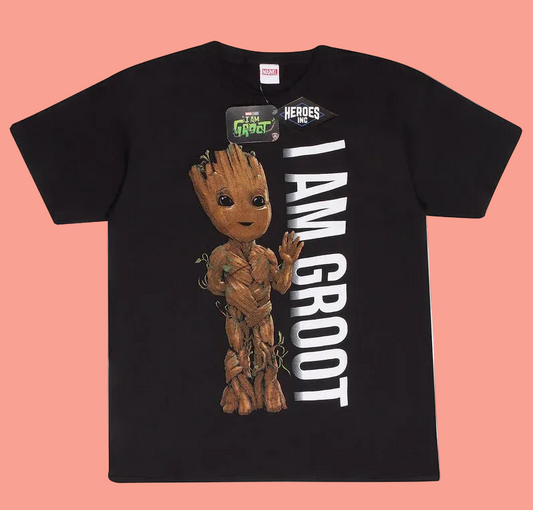 A black short-sleeve graphic T-shirt featuring a large print of Baby Groot from Marvel's The Avengers / Guardians of the Galaxy. The graphic includes a brown Groot character on the left and bold white vertical text reading 'I AM GROOT' on the right.