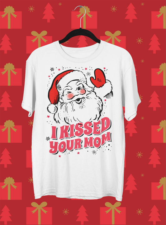 Retro Tees short sleeve white cotton t-shirt featuring santa waving graphics with I Kissed Your Mom text below. A fun and festive t-shirt 
