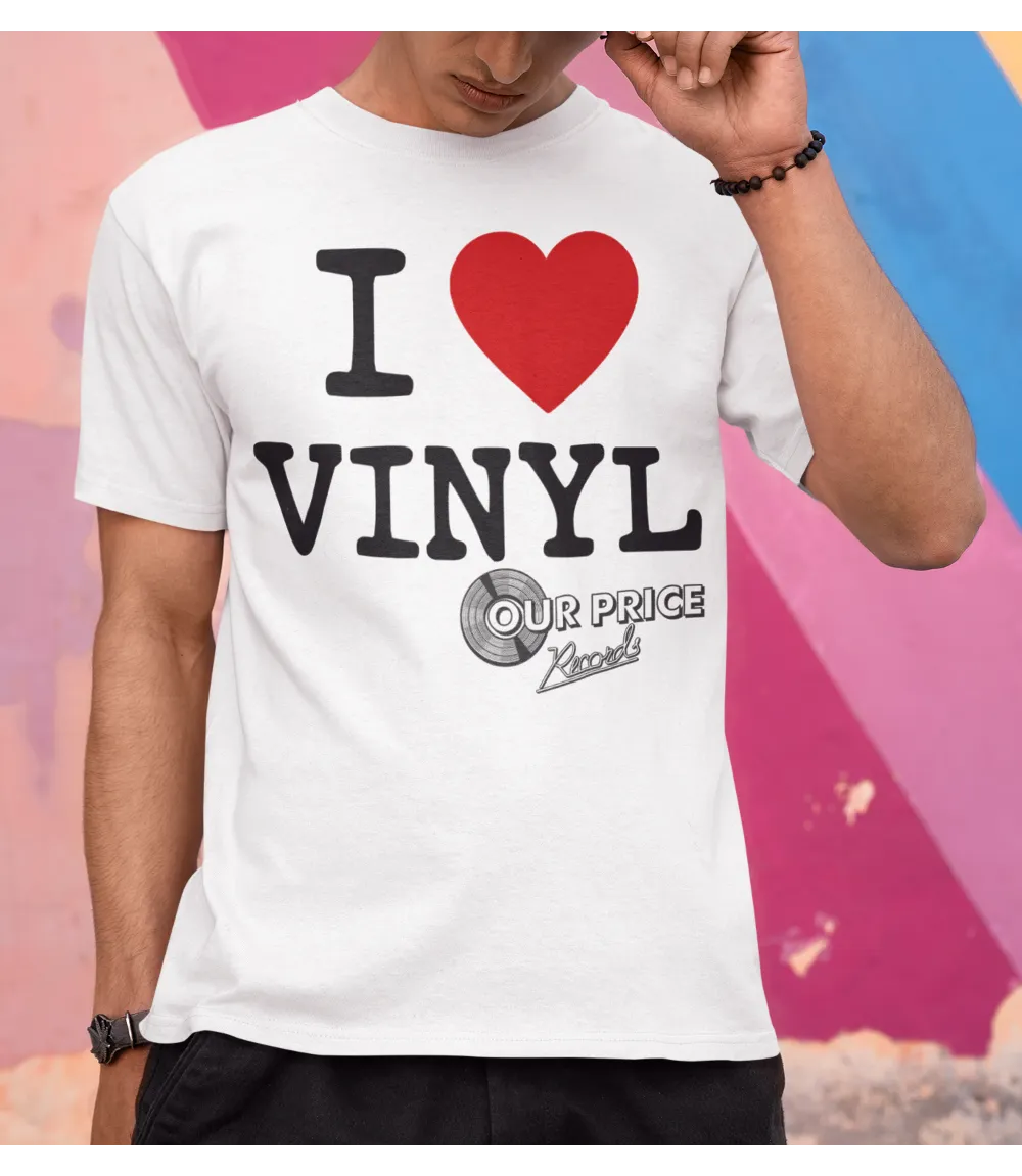 white short sleeve t shirt laying on clear backdrop featuring retro style I Heart Vinyl text in black and heart in red with our price records logo below