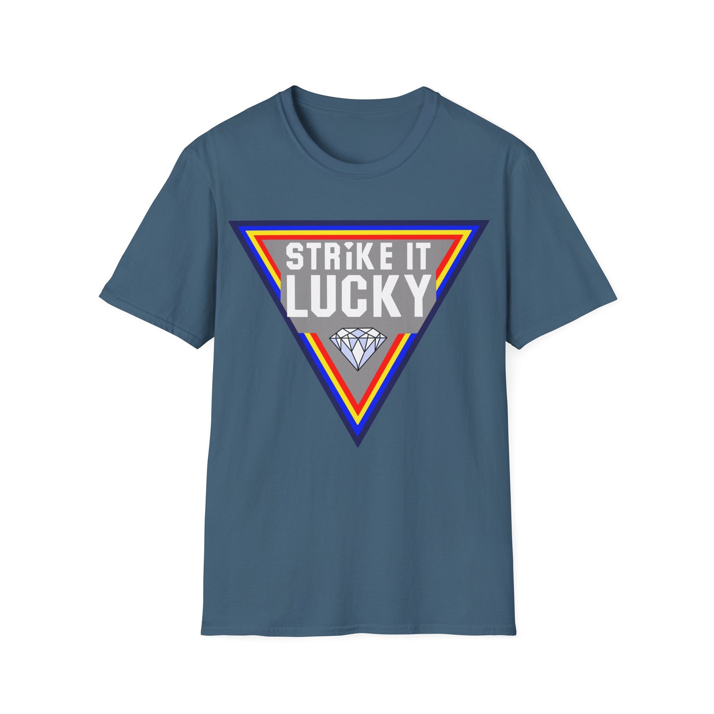Indigo Blue t-shirt with 'Strike It Lucky' graphic design 