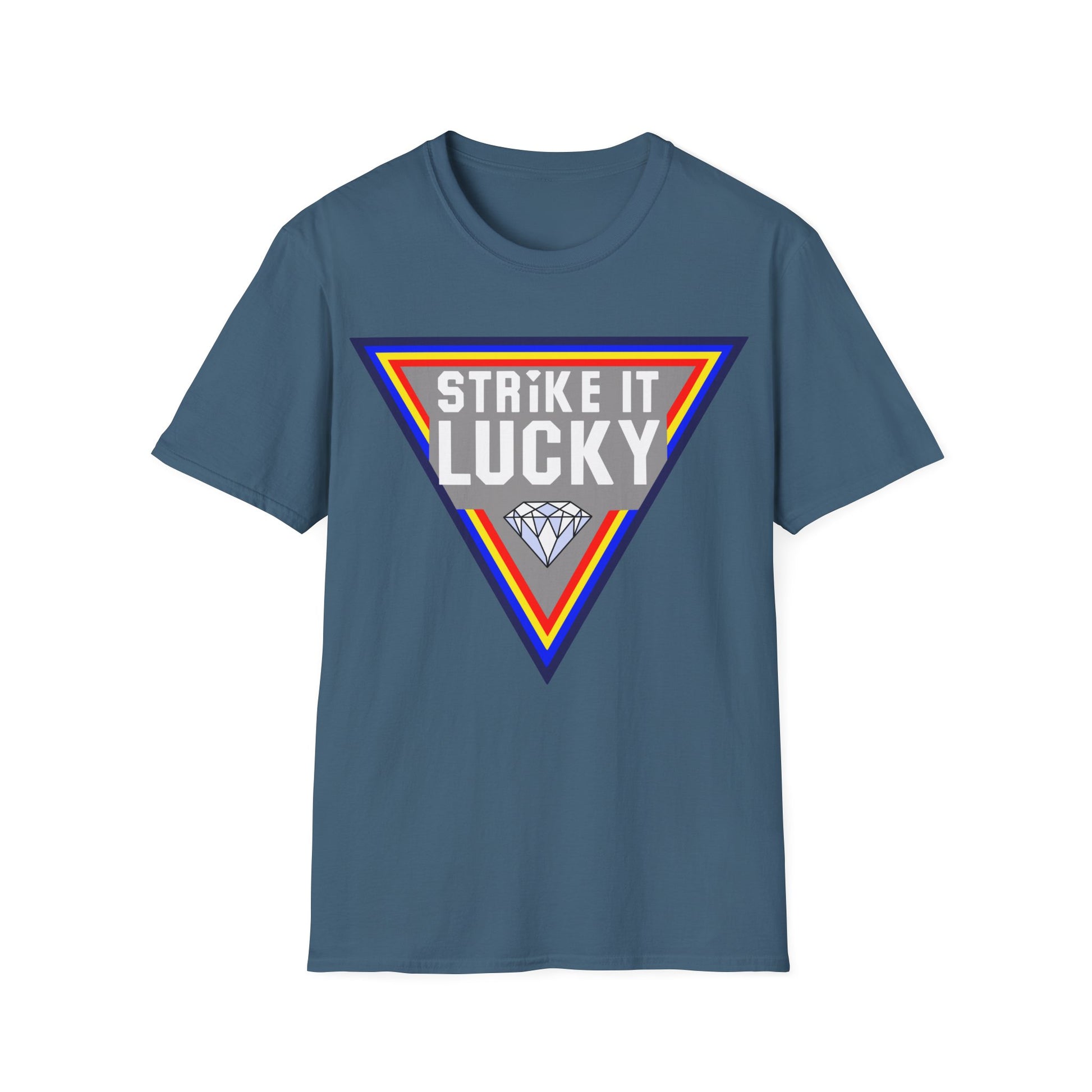 Indigo Blue t-shirt with 'Strike It Lucky' graphic design 
