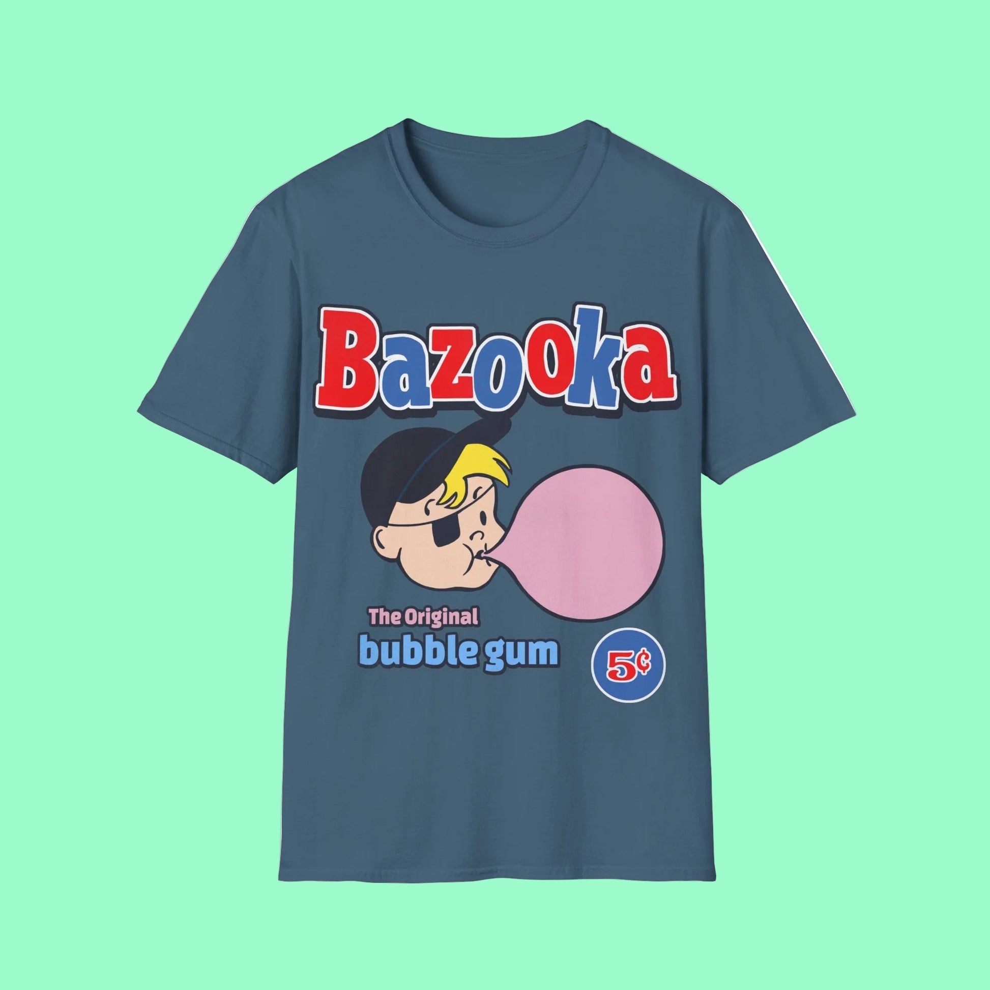Indigo Blue t-shirt with Bazooka bubble gum graphic a nostalgic sweets design