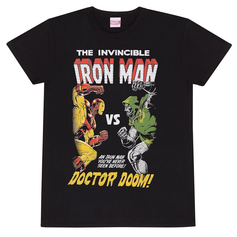 Black t-shirt with Official Marvel Iron Man vs. Doctor Doom graphic design