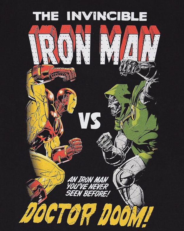 Black t-shirt with Official Marvel Iron Man vs. Doctor Doom graphic design