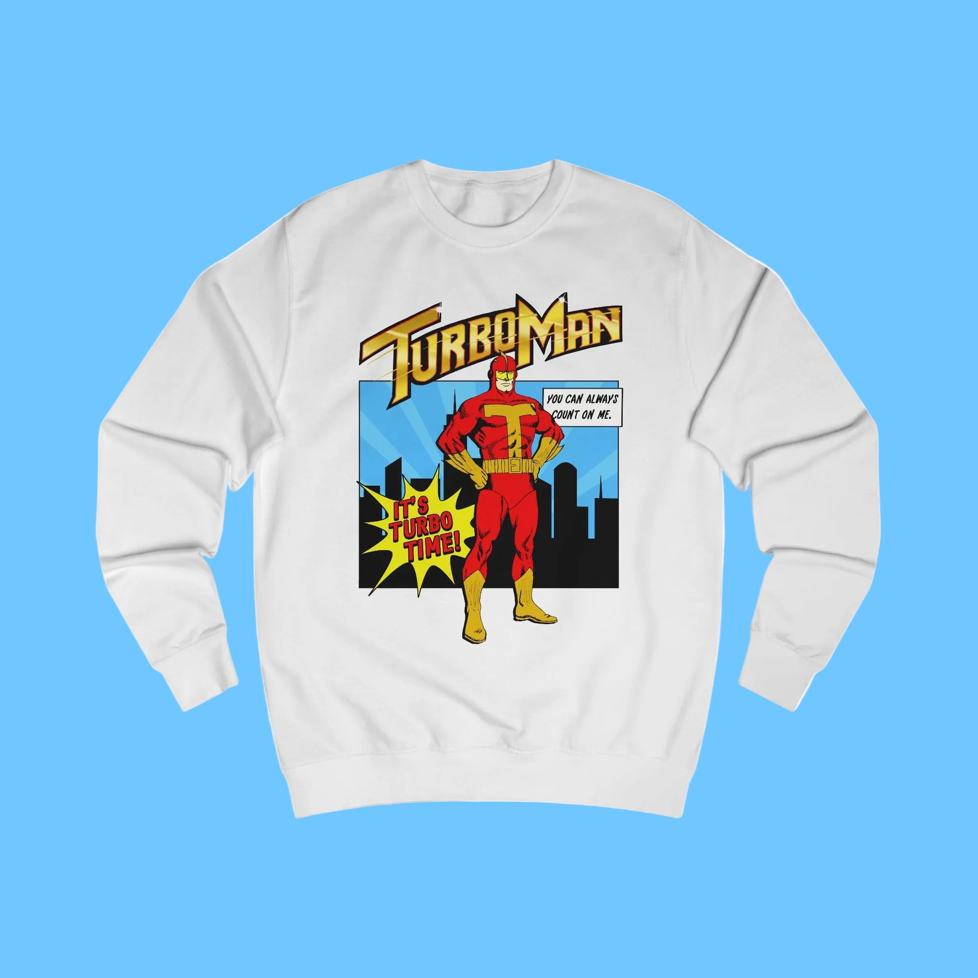 It's Turbo Time White sweatshirt with TurboMan graphic design 