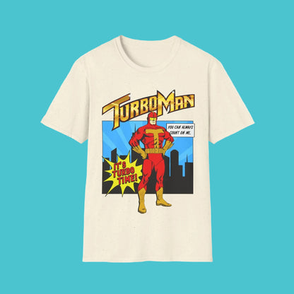 It's Turbo Time natural short sleeve t-shirt with Turbo Man graphic design