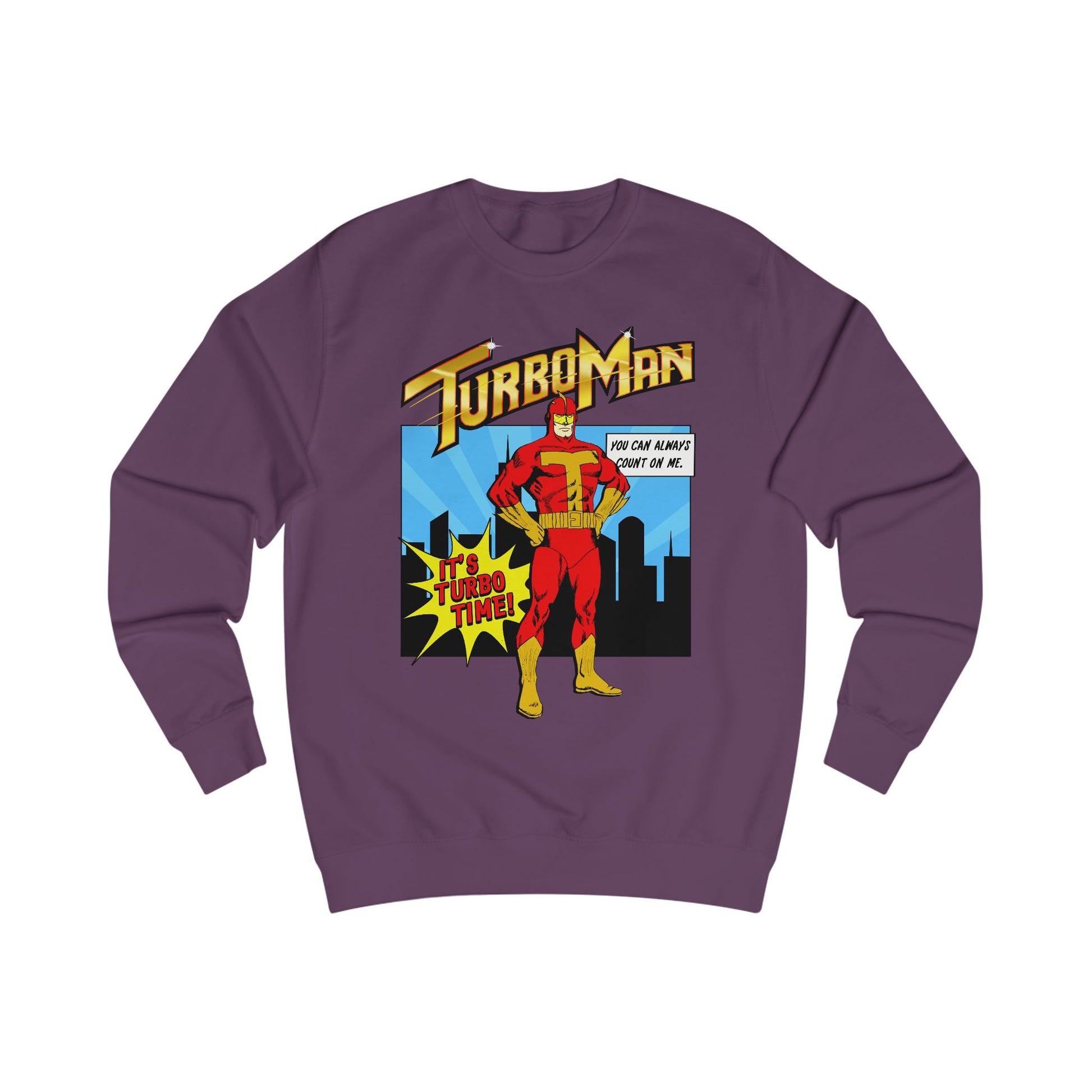 It's Turbo Time purple sweatshirt with TurboMan graphic design 