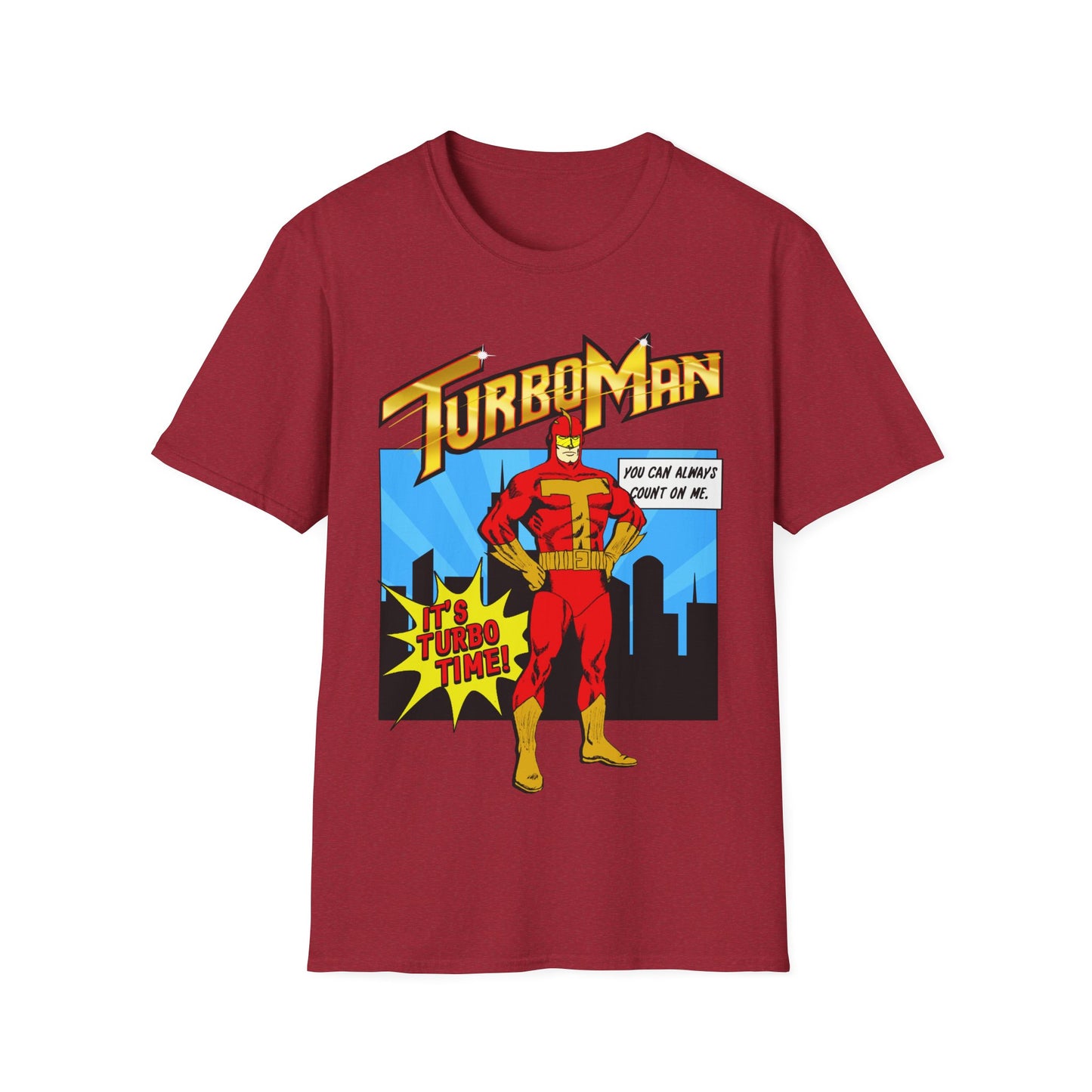 It's Turbo Time red short sleeve t-shirt with Turbo Man graphic design