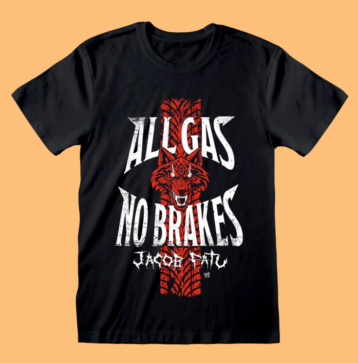 Official WWE Jacob Fatu Black t-shirt with red and white graphic design
