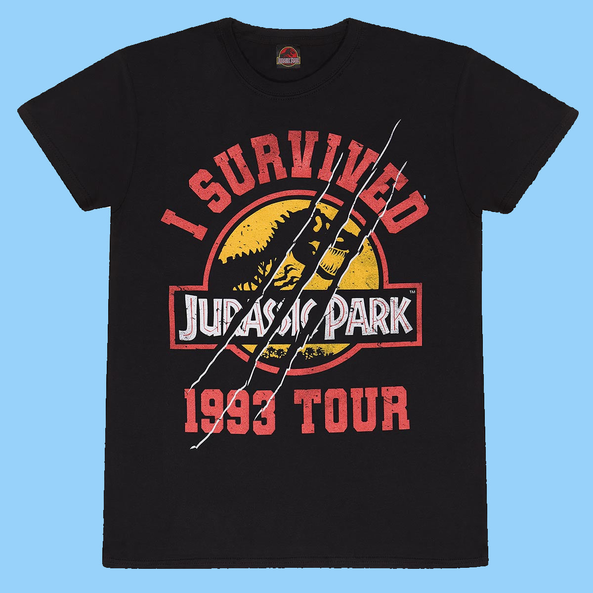 Black t-shirt with 'I Survived Jurassic Park 1993 Tour' graphic design with Jurassic Park Logo.