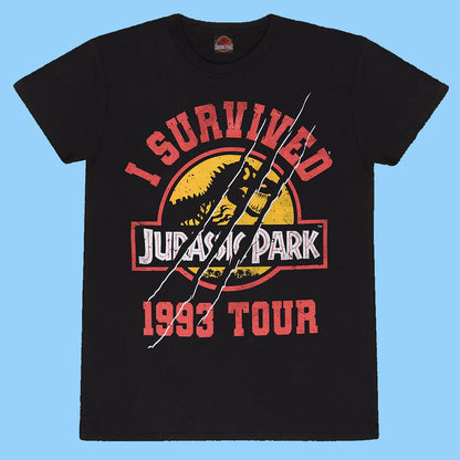 Black t-shirt with 'I Survived Jurassic Park 1993 Tour' graphic design with Jurassic Park Logo.