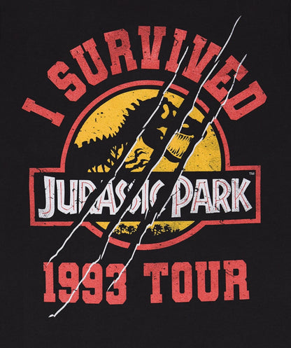 Close up of a black t-shirt with 'I Survived Jurassic Park 1993 Tour' graphic design
