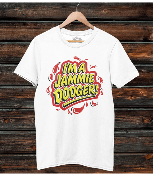 White t-shirt with 'I'm a Jammie Dodger' graphic on a wooden background