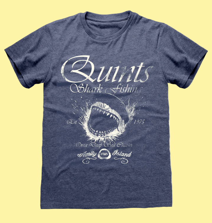 Official Jaws Blue t-shirt with white shark graphic and text on a white background