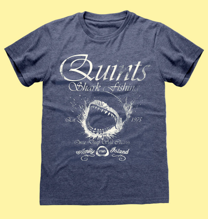 Official Jaws Blue t-shirt with white shark graphic and text on a white background