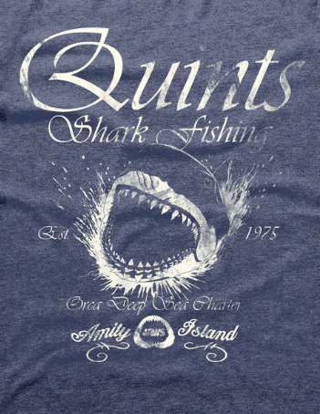 blue t-shirt with white shark fishing graphic and text