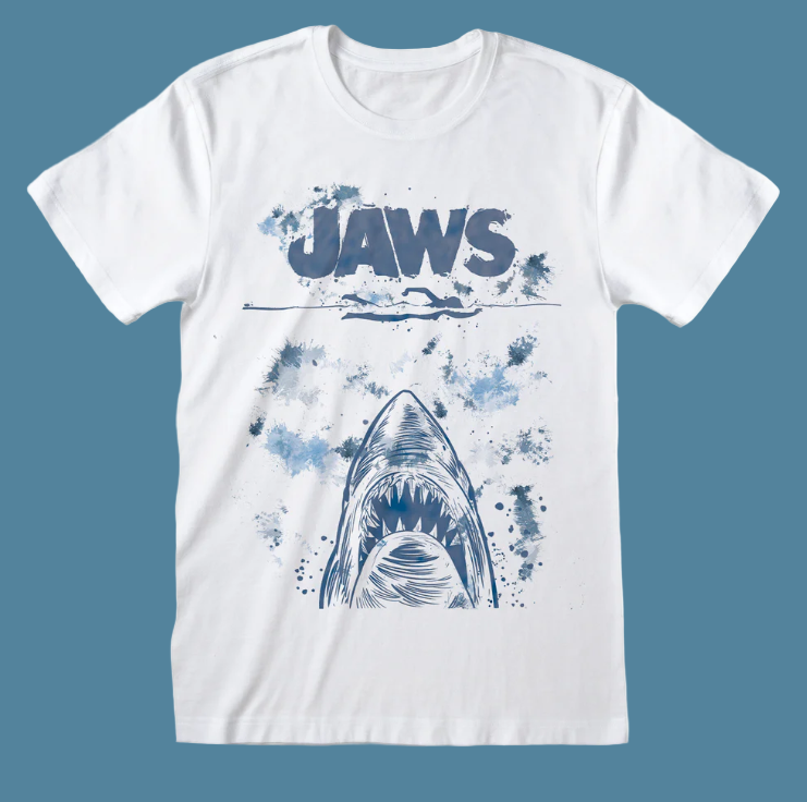 White t-shirt with 'JAWS' graphic design featuring a shark and text on a white background