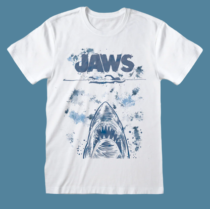White t-shirt with 'JAWS' graphic design featuring a shark and text on a white background